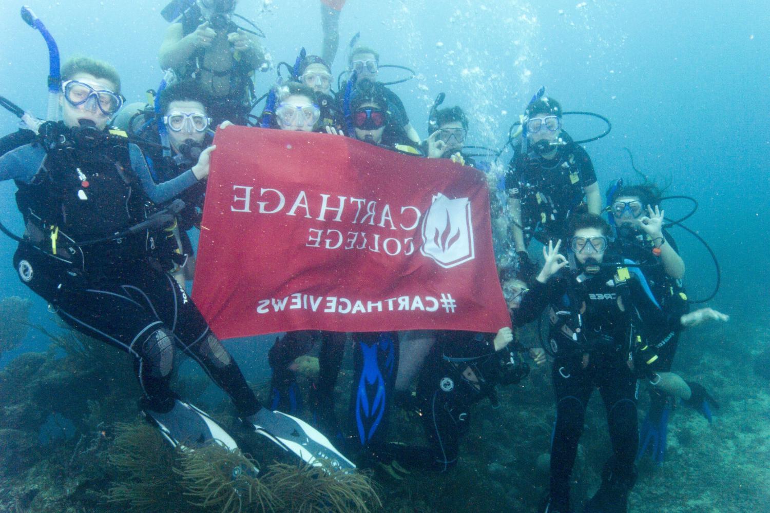 学生们手持<a href='http://p.imamovic.net'>博彩网址大全</a>旗帜，在j学期洪都拉斯游学之旅中潜水.